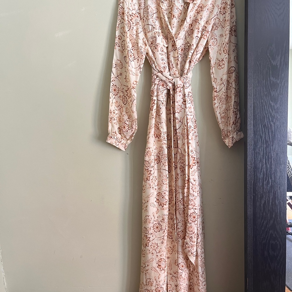 Cream and Brown Silk Maxi Shirt Dress